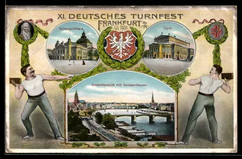AK Frankfurt a. M., XI. Deutsches Turnfest 1908, Schauspielhaus, Oper & Gesamtansicht