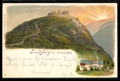 Lithographie Inselsberg, Ortspartie bei Sonnenaufgang, Berggesichter