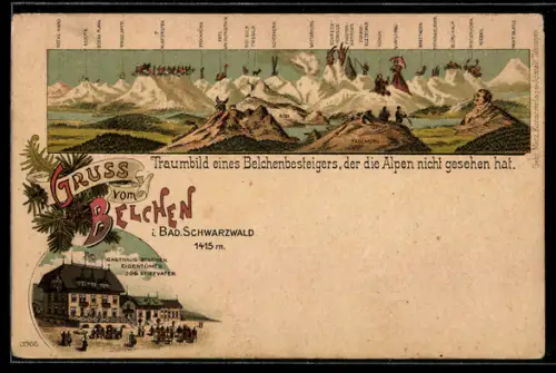 Lithographie Belchen, Belchen Rasthaus, Traumbild eines Belchenbesteigers, Berg mit Gesicht, Berggesichter