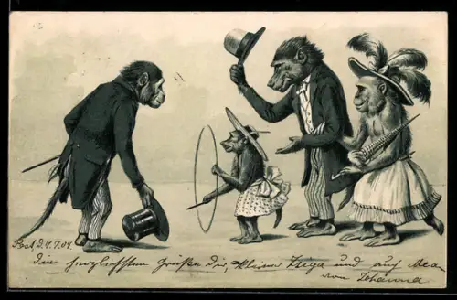 AK Vermenschlichte Affen bei einem Sonntagsspaziergang