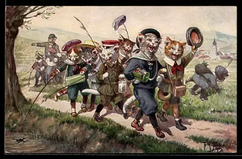 Künstler-AK A. Thiele: Katzen bei einer Wanderung im Sommer