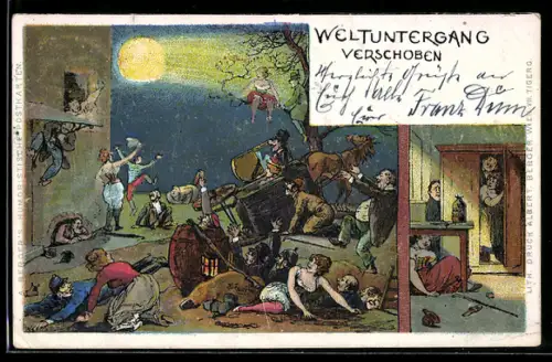 Lithographie Weltuntergang verschoben, Halley`scher Komet rast an Orgie vorbei