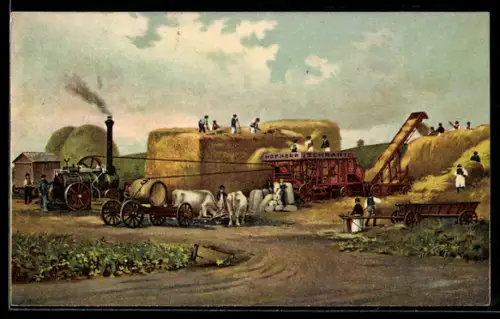 AK Reklame für Lokomobil mit Dreschmaschine von Hofherr-Schrantz, Ochsengespann