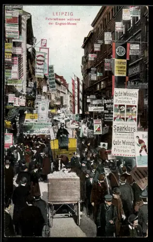 AK Leipzig, Petersstrasse während der Engors-Messe, Ansichtskarten-Reklame