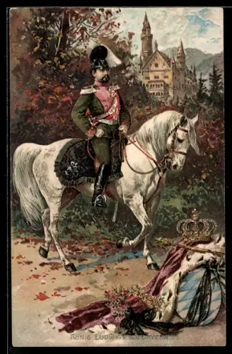 Künstler-AK Fritz Bergen: König Ludwig II. von Bayern zu Pferd, Wappen und Krone