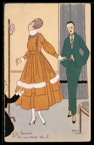 Künstler-AK sign. Maggy Monier: Elegantes Paar bei der Anprobe