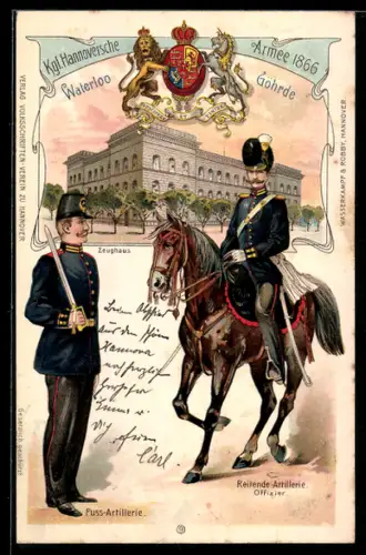Lithographie Hannover, Reitender Artillerie-Offizier in Uniform und Fuss-Artillerist