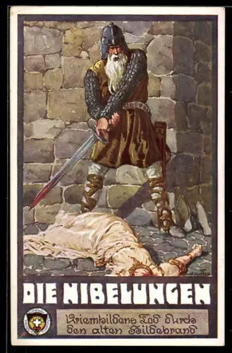 Künstler-AK Ernst Kutzer: Serie: Die Nibelungen, Kriemhildens Tod durch den alten Hildebrand