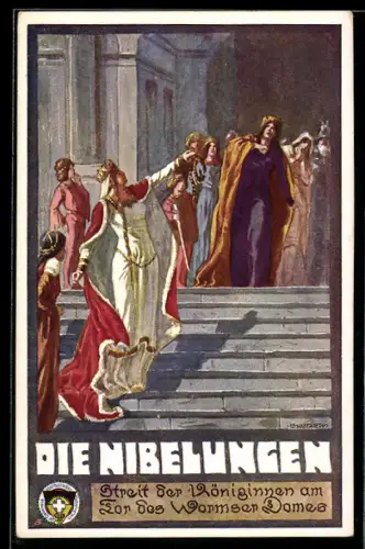 Künstler-AK Ernst Kutzer: Die Niebelungen, Steit der Königinnen am Tor des Wormser Domes