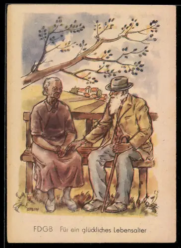 AK FDGB Für ein glückliches Lebensalter, altes Ehepaar auf einer Bank