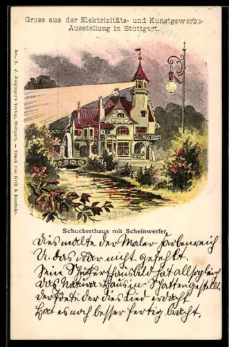 Lithographie Stuttgart, Elektrizitäts- u. Kunstgewerbe-Ausstellung, Schuckerthaus mit Scheinwerfer