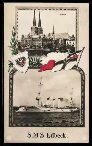 AK Lübeck, Kleiner Kreuzer S.M.S. Lübeck, Reichskriegsflagge, Wappen, Ansicht von Lübeck