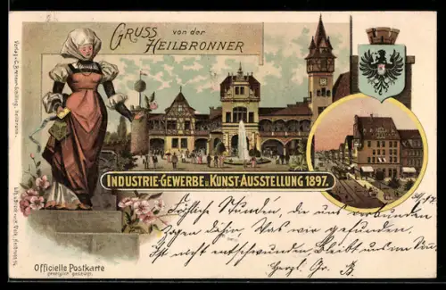 Lithographie Heilbronn, Gewerbe & Industrie-Ausstellung 1897, Ausstellungs-Gelände, Strassenbild mit Strassenbahn