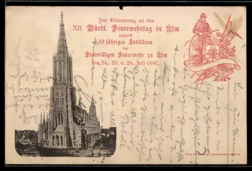 AK Ulm, XII. Württ. Feuerwehrtag, 50-jähr. Jubiläum der Freiwilligen Feuerwehr in Ulm 1897, PP MC30 /02, Ganzsache