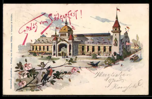 Lithographie Stuttgart, Gruss vom Sängerfest, Ansicht der Festhalle, Ganzsache