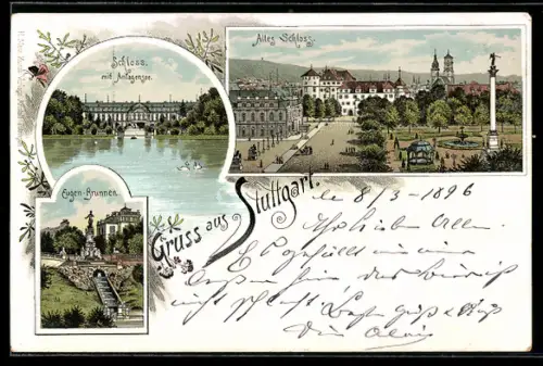 Lithographie Stuttgart, Eugen-Brunnen, Schloss mit Anlagensee, Altes Schloss, Ganzsache