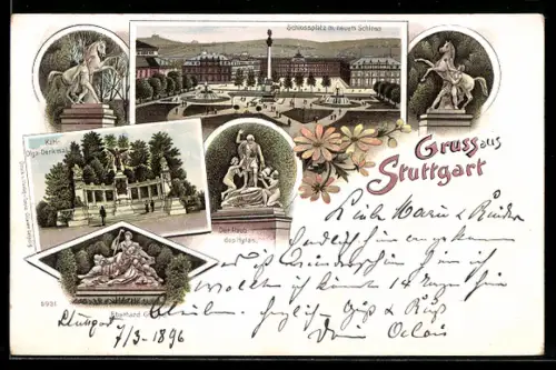 Lithographie Stuttgart, Schlossplatz mit neuem Schloss, Raub des Hylas, Eberhardgruppe, Karl-Olga-Denkmal, PP11 F36 /03