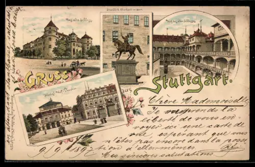 Lithographie Ganzsache PP11 F50 /04: Stuttgart, Altes Schloss mit Hofansicht, Standbild Eberhard, Königliches Hoftheater