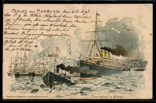 Lithographie Hamburg, Hafen im Winter, Eisbrecher schleppt Passagierschiff durch Eis