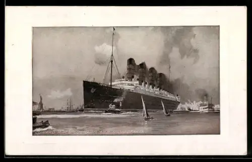 Passepartout-AK Passagierschiff R.M.S. Lusitania der Cunard Line, versenkt 7.5.1915 südl. Irland vom dt. U-Boot U-20