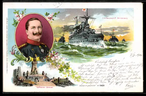 Lithographie Portrait von Kaiser Wilhelm II., S.M.S Panzerschiff Brandenburg, Kyffhäuser-Denkmal, Ostasiengeschwader