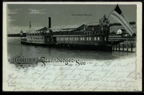 Mondschein-Lithographie Starnberg /Starnberger See, Salondampfer Bavaria am Anleger