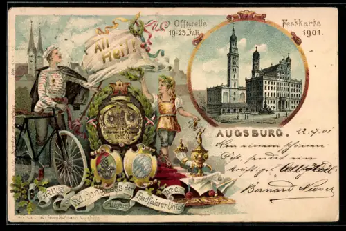 Lithographie Ganzsache PP15 C40: Augsburg, XVI. Kongress der Radfahrer Union 1901, Radfahrer mit Wappen