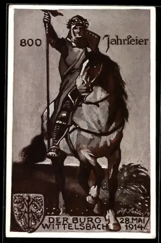 AK Ganzsache PP38 C10: Oberwittelsbach, 800 Jahrfeier der Burg Wittelsbach 1914, Ritter auf Ross mit Standarte
