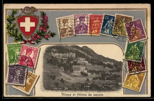 AK Leysin, Village et Hôtels, diverse Briefmarken und Wappen im Passepartout