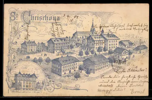 Lithographie St. Chrischona, Teilansicht des Ortes mit Kirche aus der Vogelschau