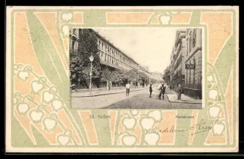 AK St. Gallen, Partie in der Poststrasse mit Reisebüro Zwilchenbart, Jugendstil-Passepartout