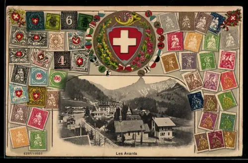 AK Les Avants, Teilansicht des Ortes mit Kirche und Bergpanorama, diverse schweizer Briefmarken im Passepartout