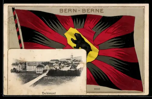 Passepartout-Lithographie Delemont, Blick zum Ort, Berner Fahne