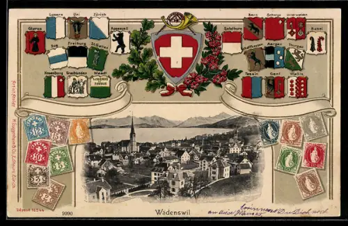 AK Wädenswil, Teilansicht des Ortes mit Kirche und See, Wappen der Kantone und Briefmarken im Passepartout