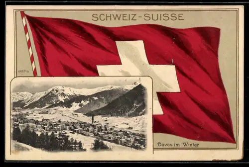 AK Davos, Totalansicht des winterlichen Ortes mit schneebedecktem Gebirgspanorama und schweizer Flagge im Passepartout
