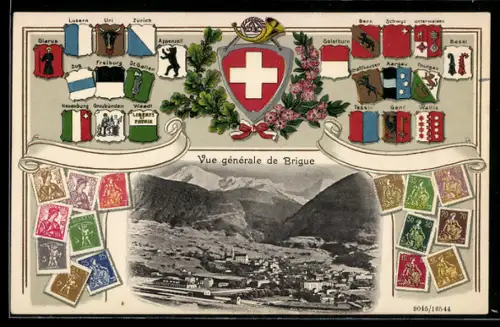 AK Brigue, Totalansicht des Ortes mit Gebirgspanorama, Wappen der Kantone und diverse Briefmarken im Passepartout