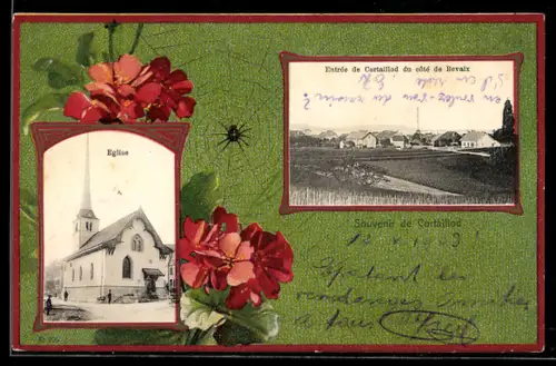 AK Cortaillod, Teilansicht des Ortes und Kirche, Spinne im Netz und rote Geranien im Passepartout