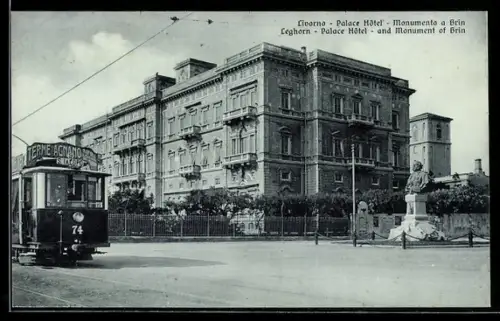 AK Livorno, Palace Hotel, Monumento a Brin, Strassenbahn