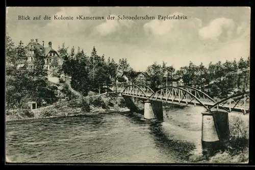 AK Golzern, Kolonie Kamerun der Schroederschen Papierfabrik mit Brücke und Grünanlagen