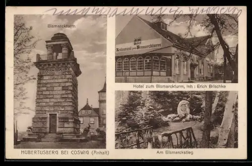 AK Coswig /Anhalt, Hubertusberg, Hotel zum Bismarckturm, Inh. Erich Brischke, Am Bismarckstieg