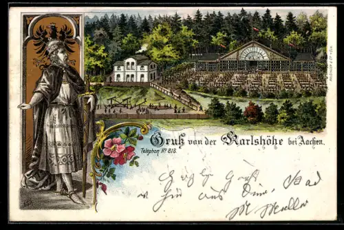 Lithographie Aachen, Restaurant Karlshöhe, Karl der Grosse