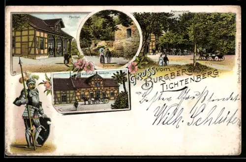 Lithographie Lichtenberg, Burgberg, Pavillon, Wirtschaftsgebäude, Burgruine, Restaurantplatz