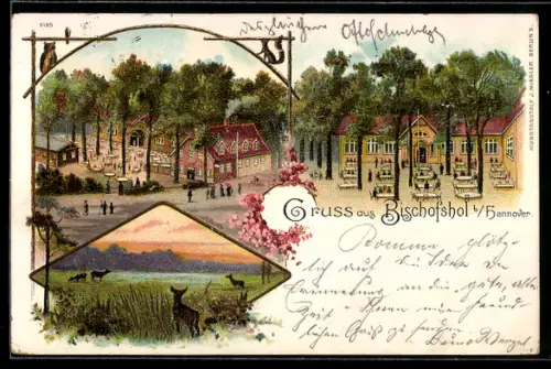 Lithographie Bischofshol, Restaurant mit Gartenwirtschaft, Wildtiere im Feld