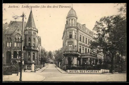 AK Aachen, Blick in die Strasse Ludwigsallee, Hotel zu den drei Türmen