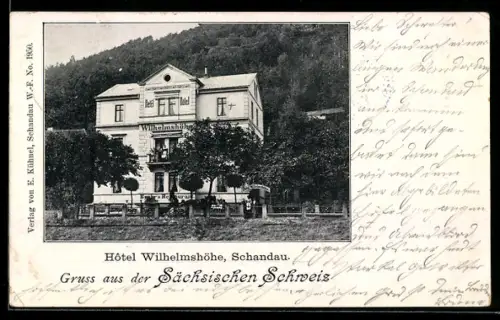 AK Schandau /Sächsische Schweiz, Hotel Wilhelmshöhe mit dahinter liegenden bewaldeten Berghängen