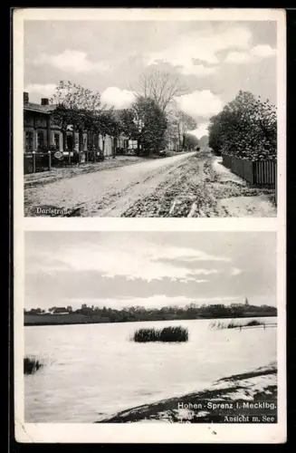 AK Hohen-Sprenz i. Mecklenburg, Ansicht mit See, Dorfstrasse