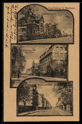 AK Oberfrohna, Limbacherstrasse, Kunstschmiede Mann, Schröderstrasse