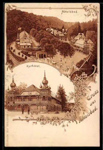 Lithographie Alexisbad, Teilansicht mit Bahnhof, Blick aufs Kurhotel