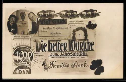 AK Mannheim, Neujahrswünsche der Familie Steck 1928
