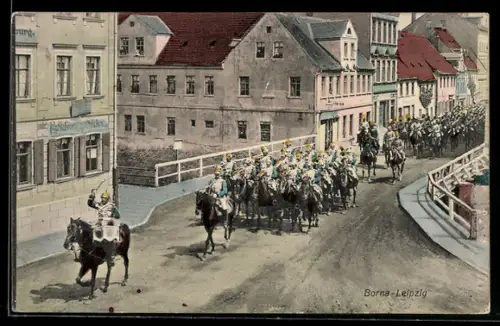 AK Borna-Leipzig, Soldaten zu Pferd vor der Radfahrer Station